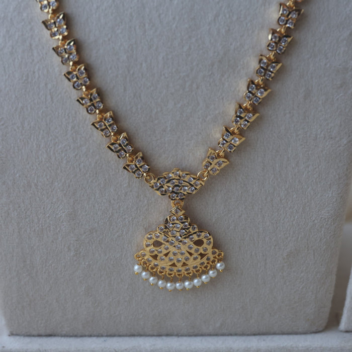 Heritage gold plated white stone long and short necklace with earrings HLS1131