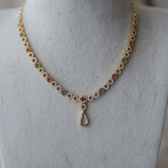 Heritage gold plated ruby white white stone short necklace with earrings H8983