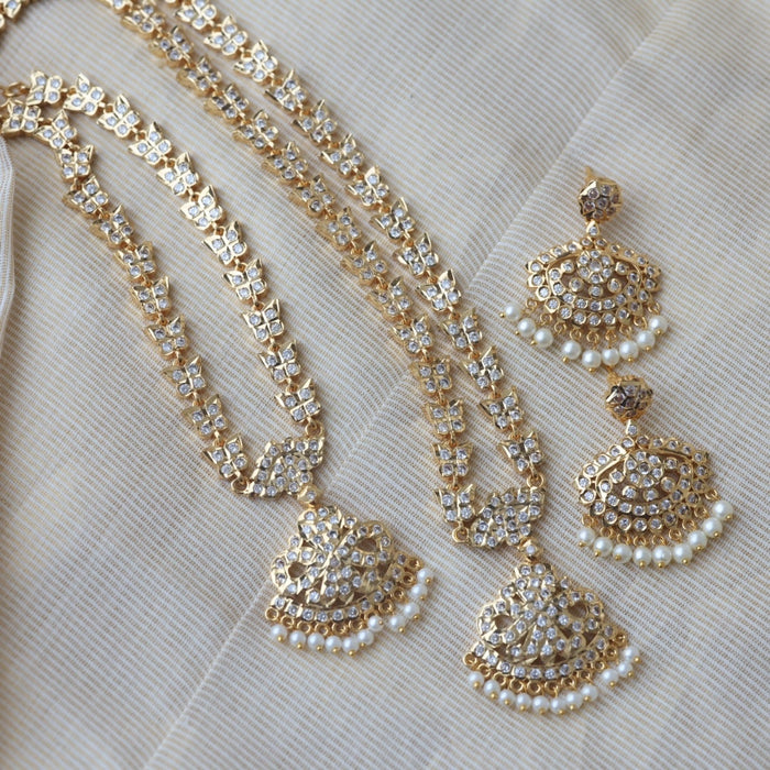 Heritage gold plated white stone long and short necklace with earrings HLS1131