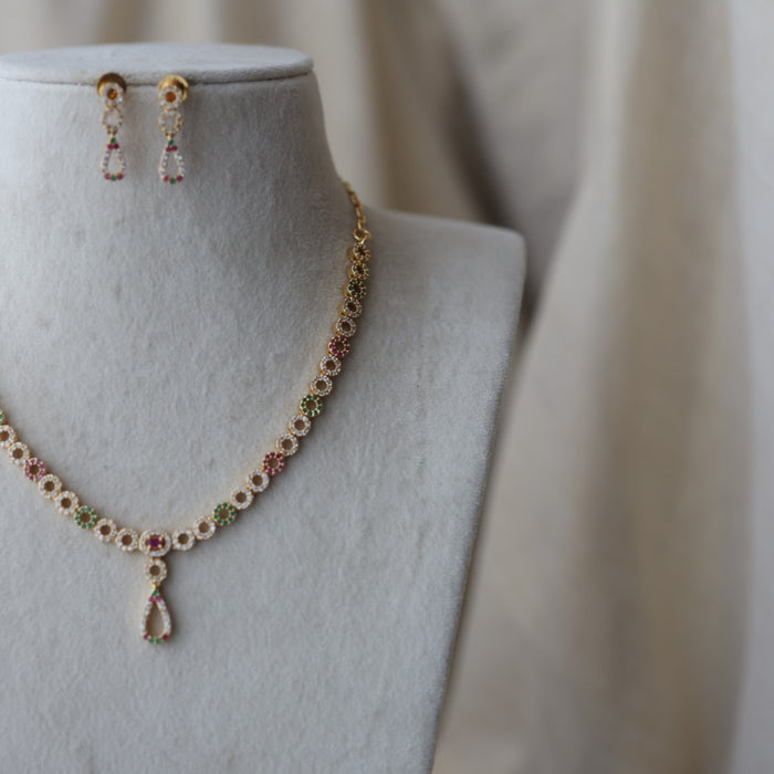 Heritage gold plated ruby white white stone short necklace with earrings H8983