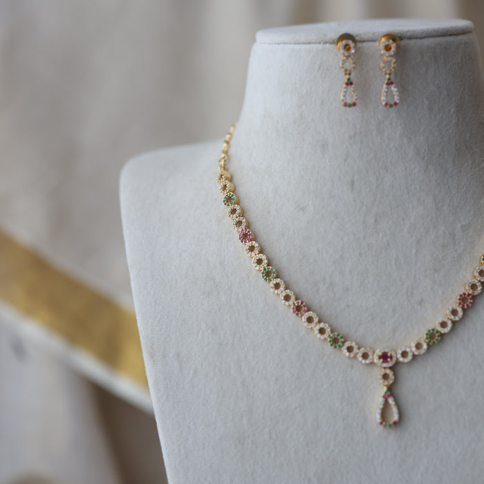 Heritage gold plated ruby white white stone short necklace with earrings H8983