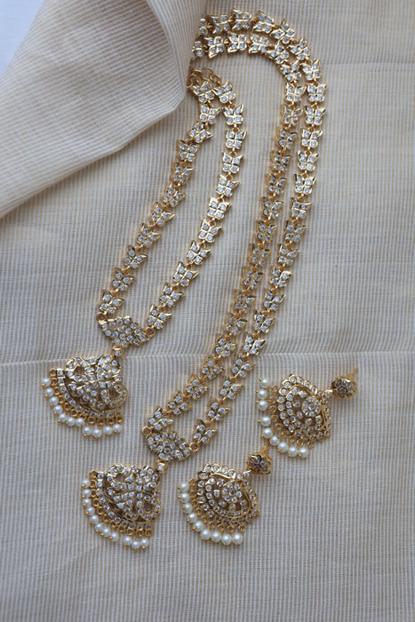 Heritage gold plated white stone long and short necklace with earrings HLS1131