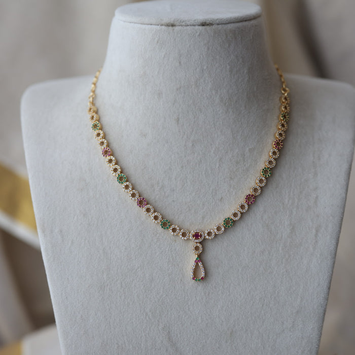 Heritage gold plated ruby white white stone short necklace with earrings H8983