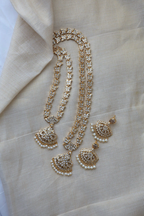 Heritage gold plated white stone long and short necklace with earrings HLS1131