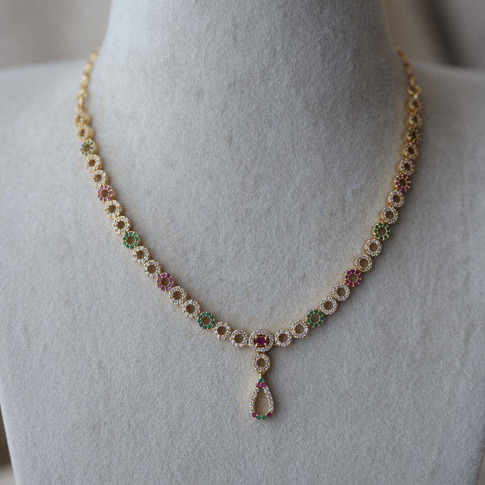 Heritage gold plated ruby white white stone short necklace with earrings H8983