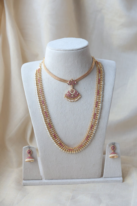 Heritage gold plated ruby white stone long and short necklace with earrings HLS1154