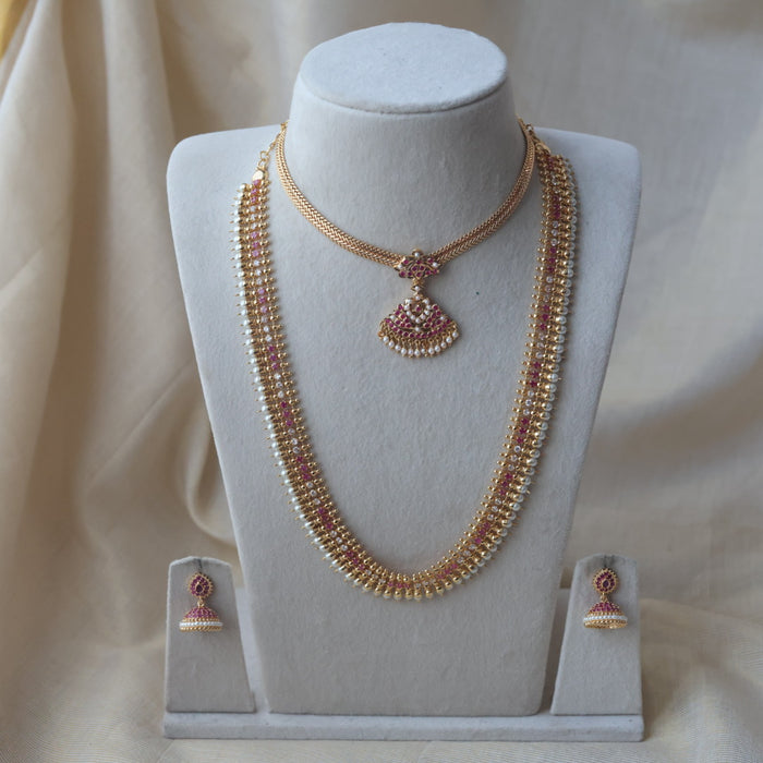 Heritage gold plated ruby white stone long and short necklace with earrings HLS1154