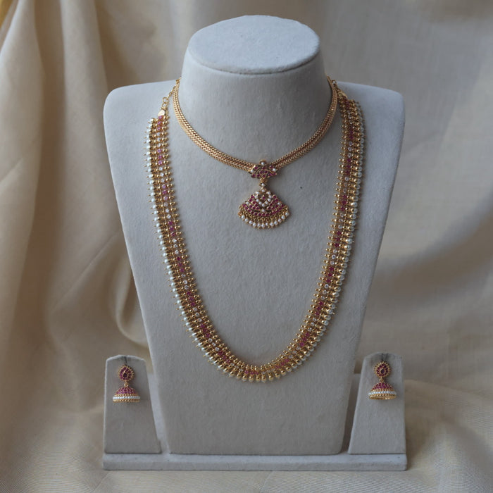 Heritage gold plated ruby white stone long and short necklace with earrings HLS1154