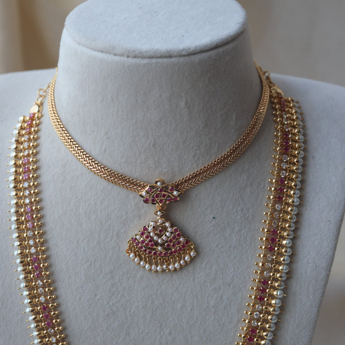 Heritage gold plated ruby white stone long and short necklace with earrings HLS1154