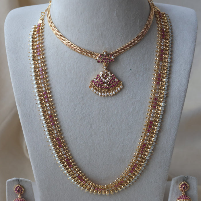 Heritage gold plated ruby white stone long and short necklace with earrings HLS1154