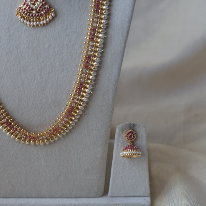 Heritage gold plated ruby white stone long and short necklace with earrings HLS1154