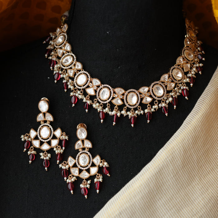Minimal kundan ruby bead short necklace with earrings MS3251
