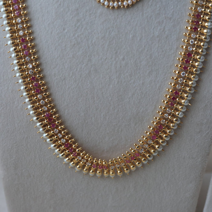 Heritage gold plated ruby white stone long and short necklace with earrings HLS1154