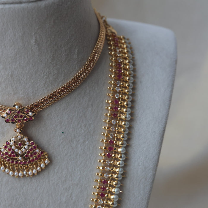 Heritage gold plated ruby white stone long and short necklace with earrings HLS1154