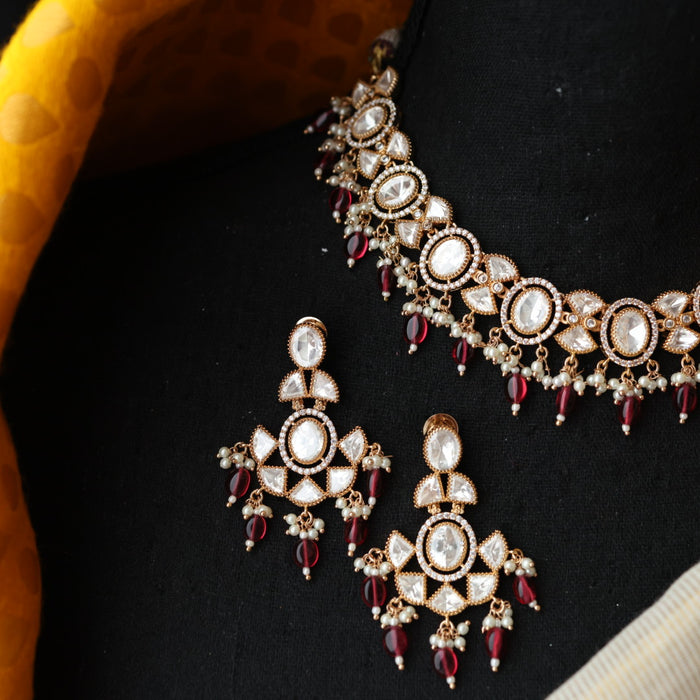 Minimal kundan ruby bead short necklace with earrings MS3251