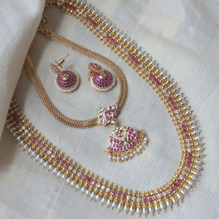 Heritage gold plated ruby white stone long and short necklace with earrings HLS1154