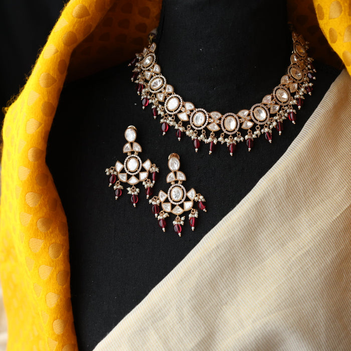 Minimal kundan ruby bead short necklace with earrings MS3251