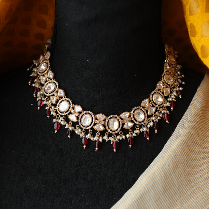 Minimal kundan ruby bead short necklace with earrings MS3251