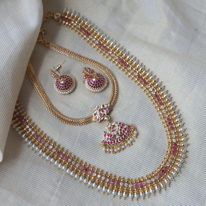 Heritage gold plated ruby white stone long and short necklace with earrings HLS1154