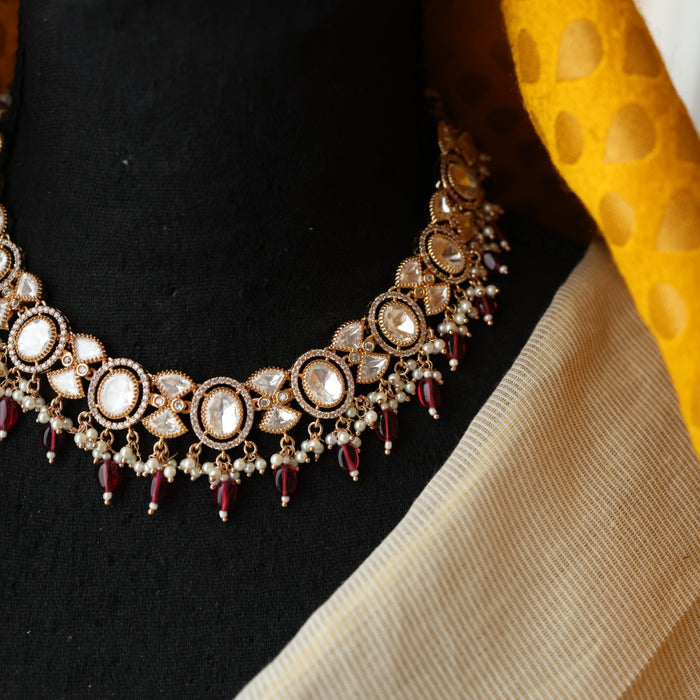 Minimal kundan ruby bead short necklace with earrings MS3251
