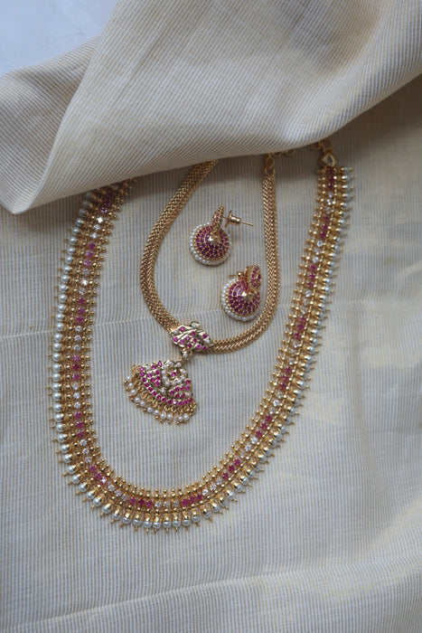Heritage gold plated ruby white stone long and short necklace with earrings HLS1154