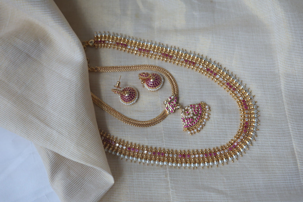 Heritage gold plated ruby white stone long and short necklace with earrings HLS1154