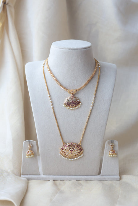 Heritage gold plated ruby white stone long and short necklace with earrings HLS1167