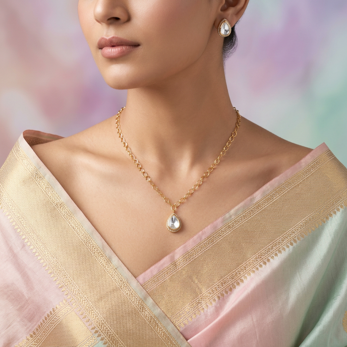 Minimal kundan white stone short necklace with earrings MS3254