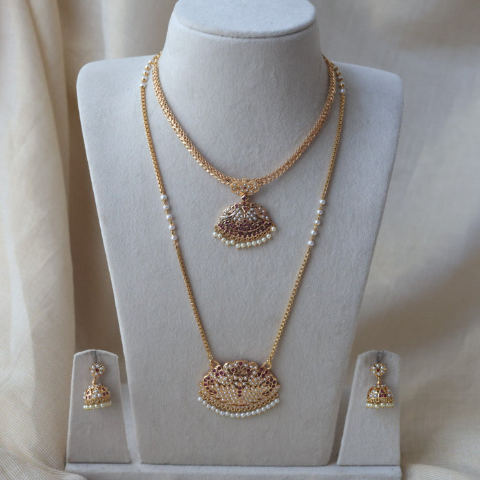 Heritage gold plated ruby white stone long and short necklace with earrings HLS1167