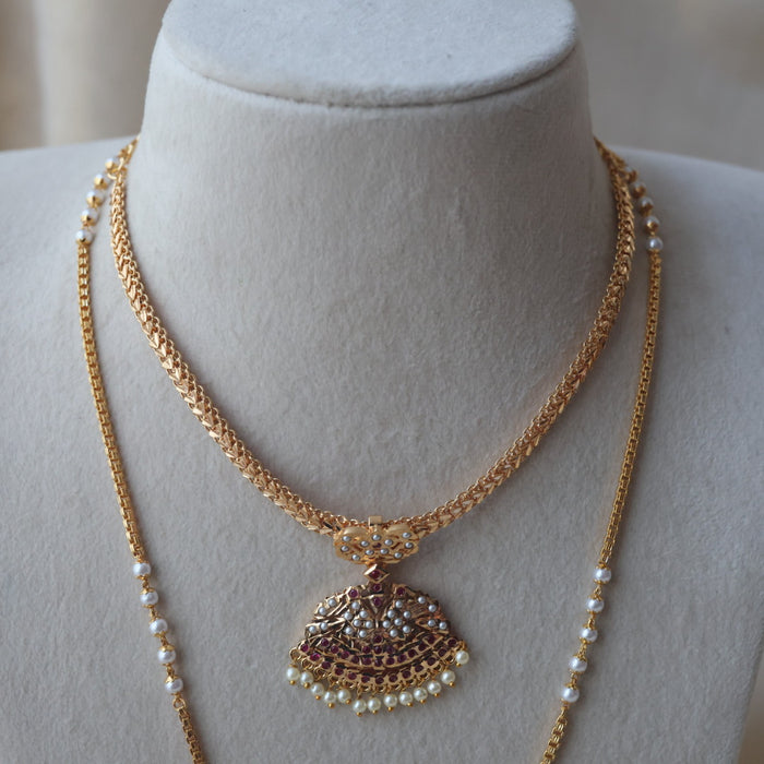 Heritage gold plated ruby white stone long and short necklace with earrings HLS1167
