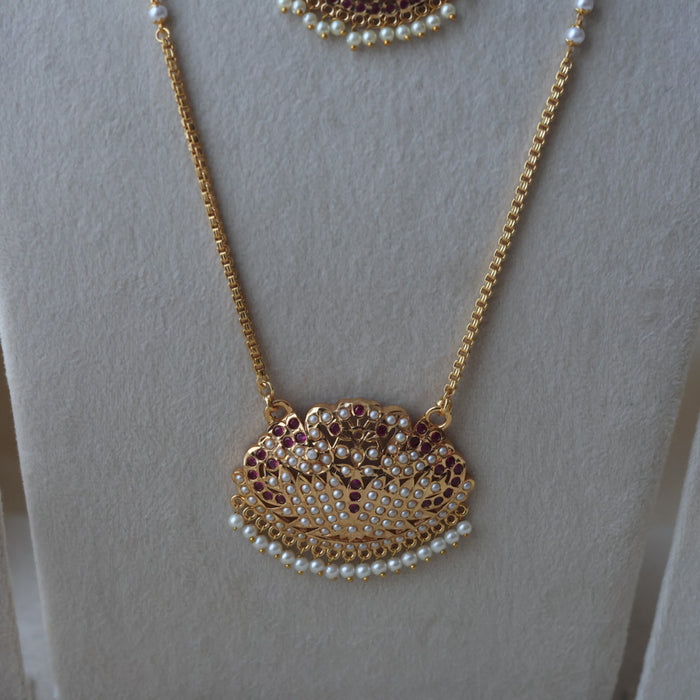Heritage gold plated ruby white stone long and short necklace with earrings HLS1167