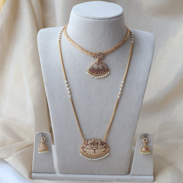 Heritage gold plated ruby white stone long and short necklace with earrings HLS1167