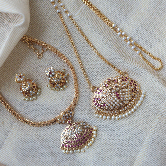Heritage gold plated ruby white stone long and short necklace with earrings HLS1167