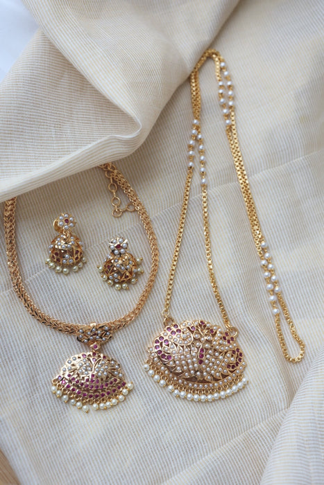 Heritage gold plated ruby white stone long and short necklace with earrings HLS1167