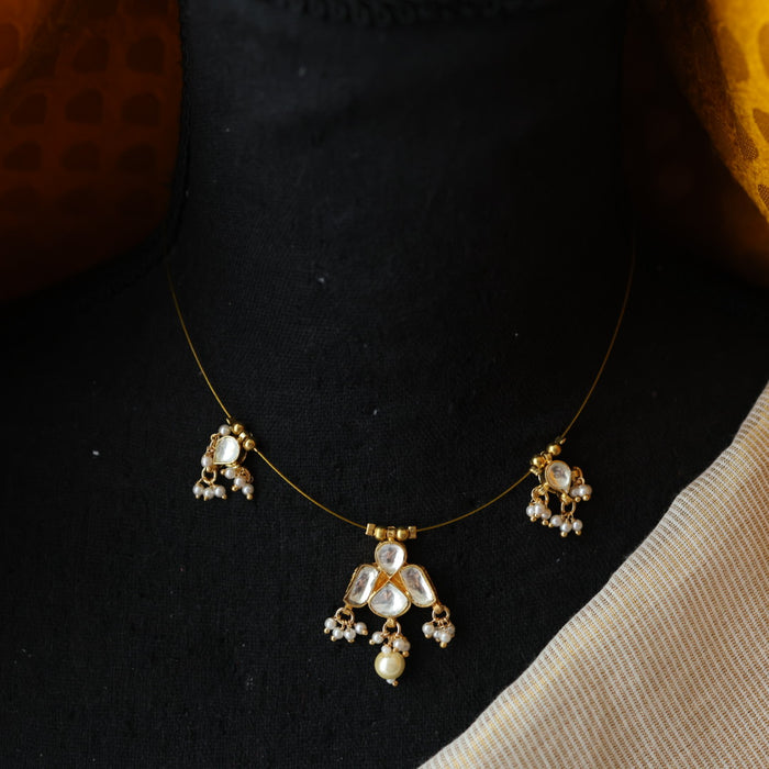 Invisible chain kundan stone short necklace with earrings IN789