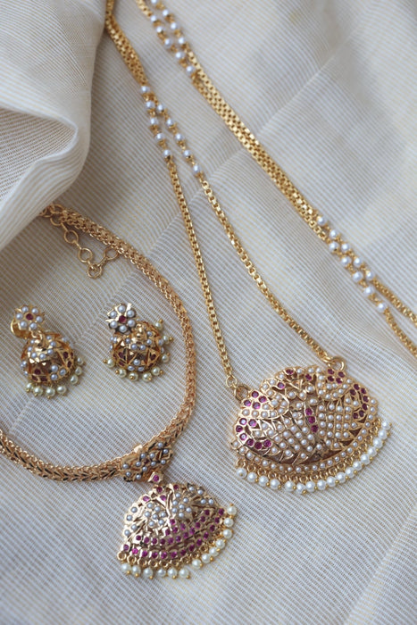 Heritage gold plated ruby white stone long and short necklace with earrings HLS1167