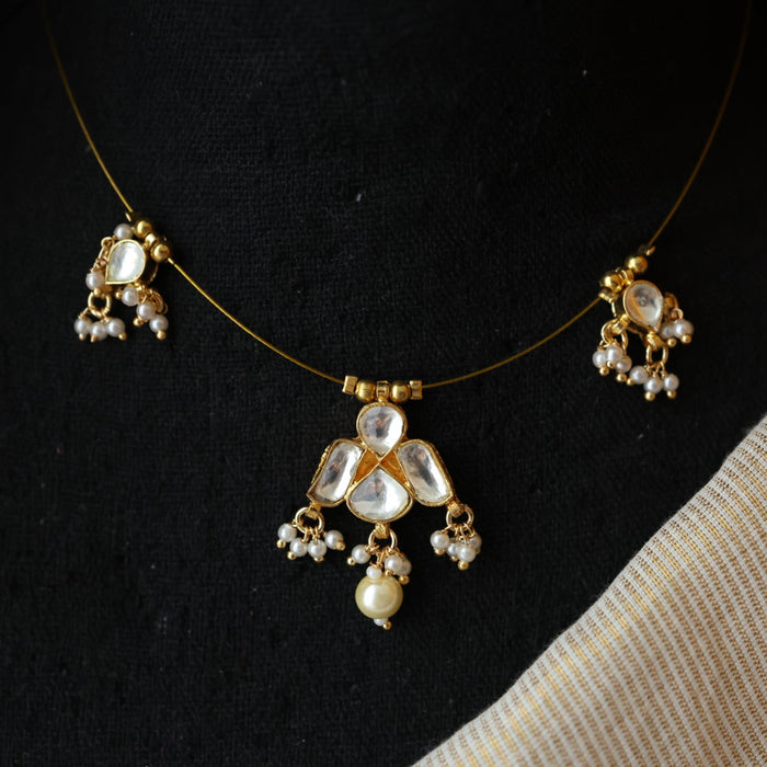 Invisible chain kundan stone short necklace with earrings IN789