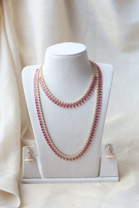 Heritage gold plated ruby white stone long and short necklace with earrings HLS1176
