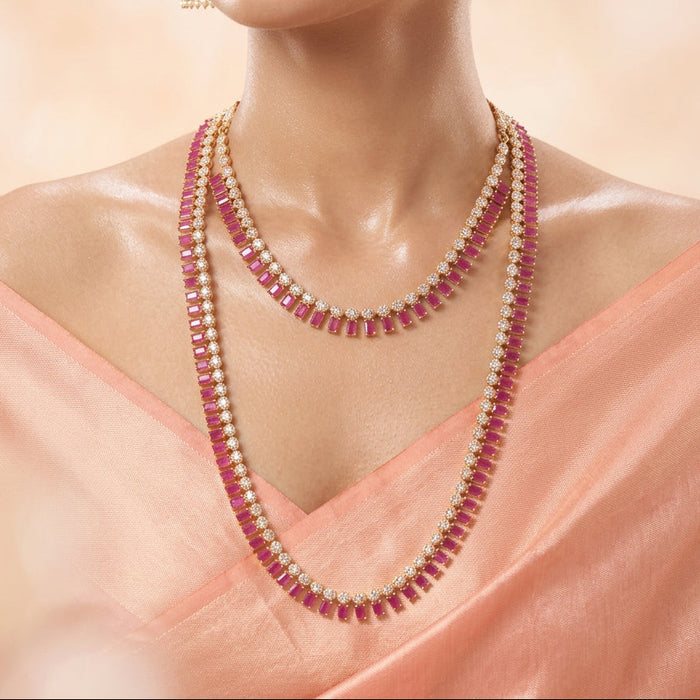 Heritage gold plated ruby white stone long and short necklace with earrings HLS1176