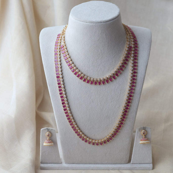 Heritage gold plated ruby white stone long and short necklace with earrings HLS1176
