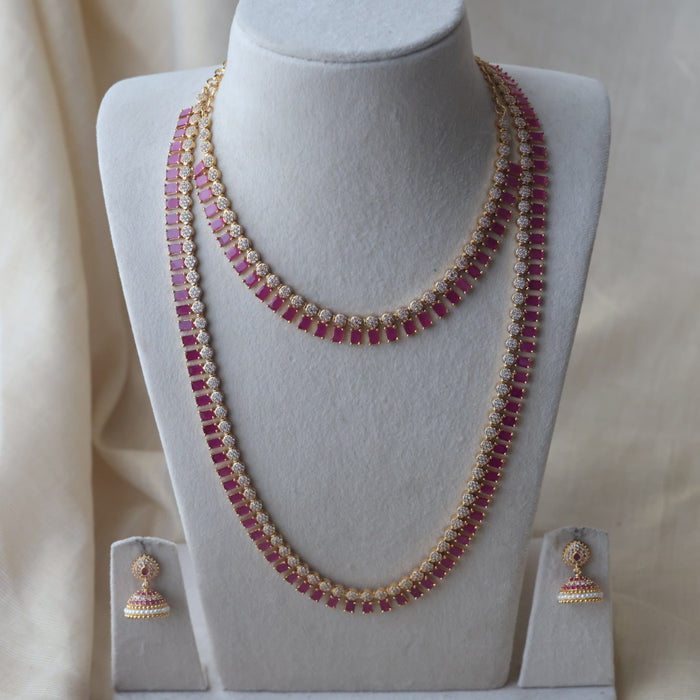 Heritage gold plated ruby white stone long and short necklace with earrings HLS1176