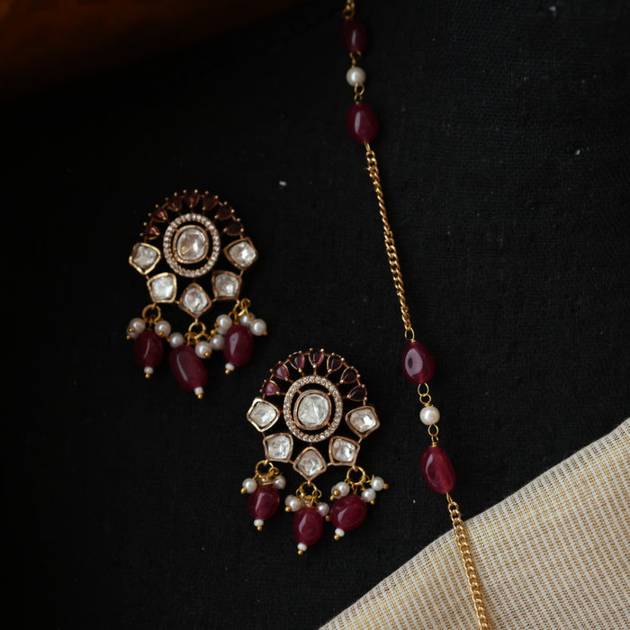 Minimal kundan ruby bead long necklace with earrings MS3244