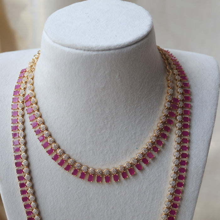 Heritage gold plated ruby white stone long and short necklace with earrings HLS1176