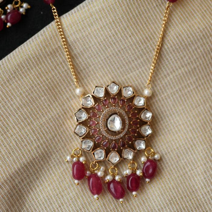 Minimal kundan ruby bead long necklace with earrings MS3244