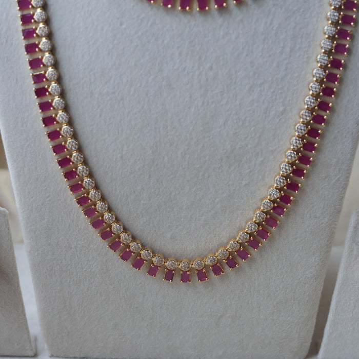 Heritage gold plated ruby white stone long and short necklace with earrings HLS1176
