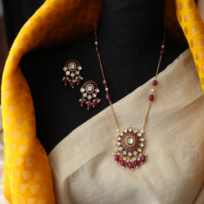 Minimal kundan ruby bead long necklace with earrings MS3244