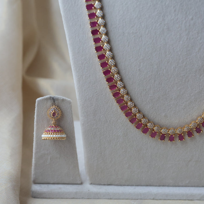 Heritage gold plated ruby white stone long and short necklace with earrings HLS1176