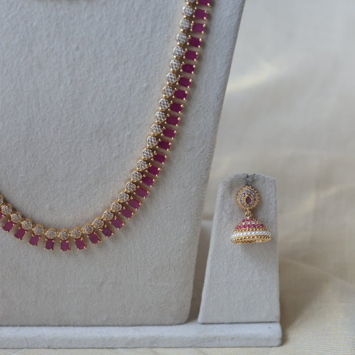 Heritage gold plated ruby white stone long and short necklace with earrings HLS1176
