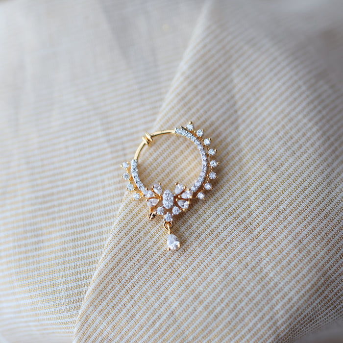 Heritage White Stone Gold-Plated Nose Ring | Traditional Indian Nath HN1012