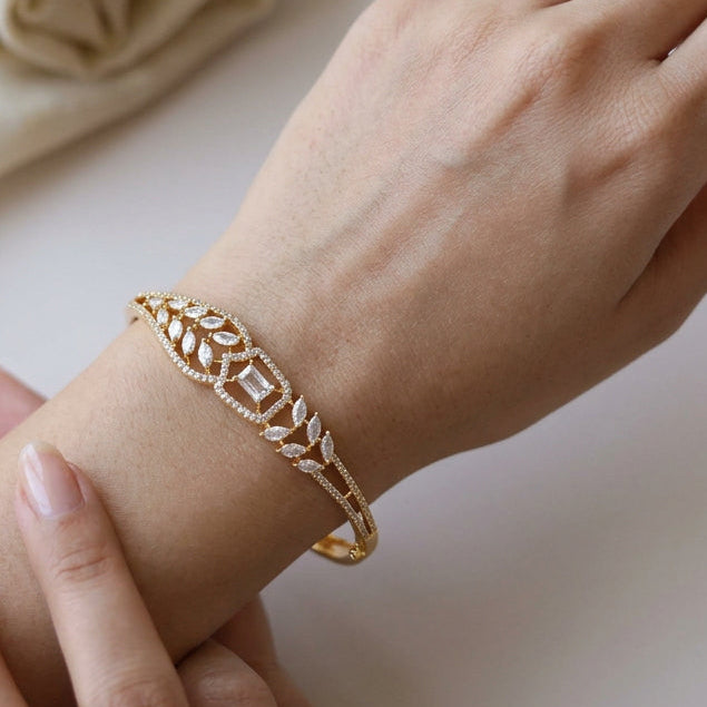 Heritage gold plated white stone bangle -One size fits all  HB222